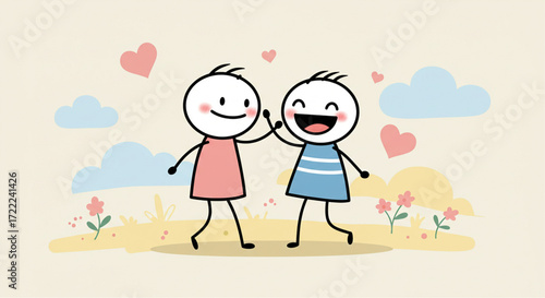 Vibrant vector art depicting two smiling stick people embracing affectionately in a sunny meadow, representing happiness and companionship and friendship