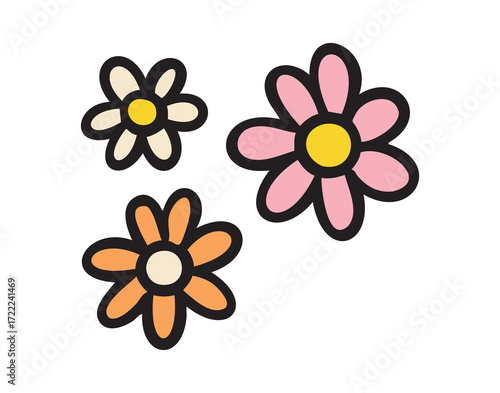 Cute daisies trio, naive floral school doodle, colorful, hand drawn