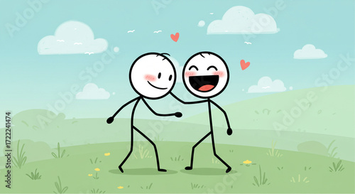 Joyful stick figures high-fiving, celebrating achievement and friendship, illustrating teamwork, success, and positive human connection in a heartwarming and simple doodle