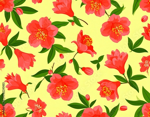 Floral pattern of red flowers on yellow
