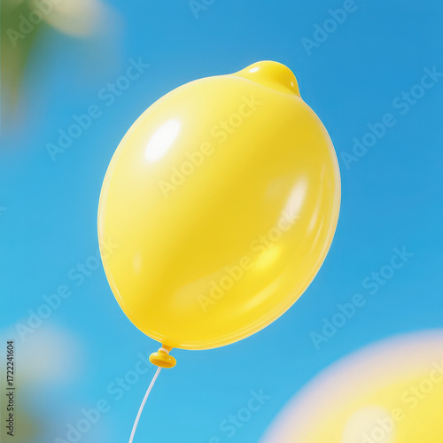 Lemon balloon on bright blue background. Minimal summer fun concept.