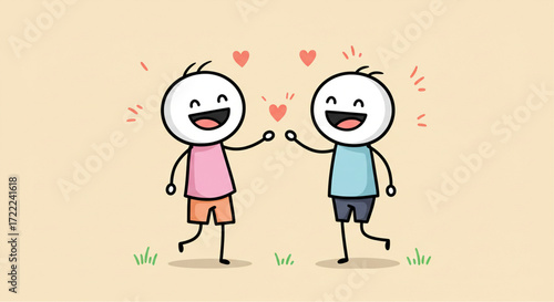 Charming vector illustration depicting two happy stick figures sharing a heartwarming moment, symbolizing friendship, love, and joyous connection in a simple, uplifting hand-drawn style