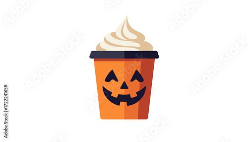 A Halloween-themed orange cup with a pumpkin face and whipped cream on top on a white background