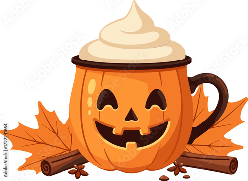 A playful Halloween pumpkin mug with whipped cream and autumn leaves on a white background