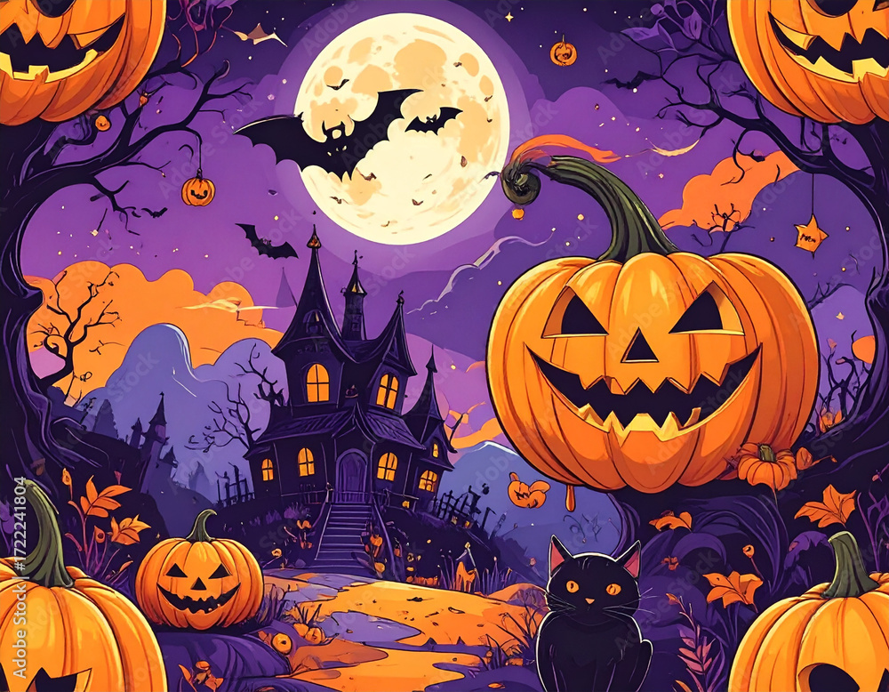 Fototapeta premium Haunted Night with Pumpkins and Bats Environment Wallpaper with Castle Gift Wrapper