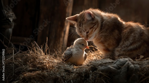 Cat and chick in hay nest