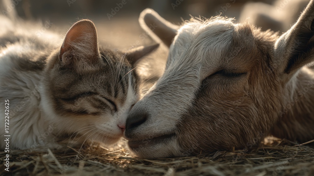 Fototapeta premium Cat and goat resting in hay