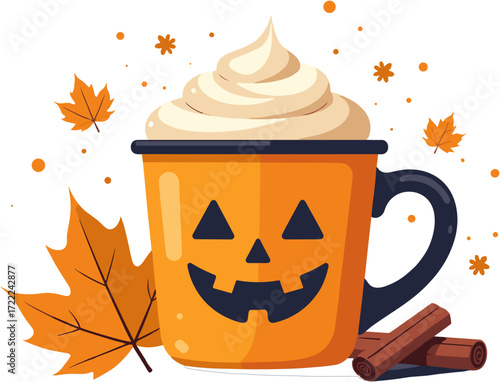 A festive Halloween pumpkin cup with whipped cream and cinnamon sticks surrounded by autumn leaves