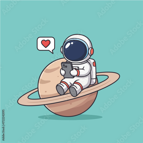 Cute cartoon astronaut sitting on Saturn's rings, looking at a smartphone with a heart notification.