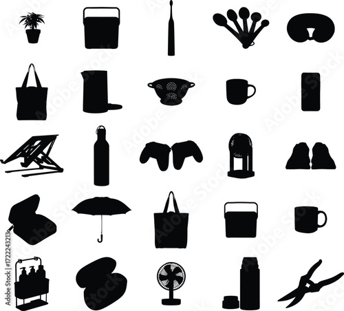 Set of 28 black silhouette icons for everyday objects Minimalist design Vector illustra