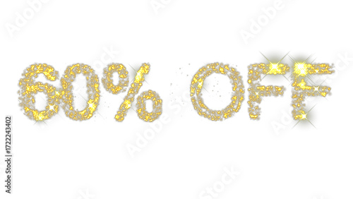 Sparkling text animation displaying 60% off promotion in shimmering gold effect for seasonal discount sale on transparent background
