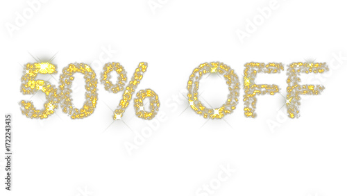 Sparkling text animation displaying 50% off promotion in shimmering gold effect for seasonal discount sale on transparent background