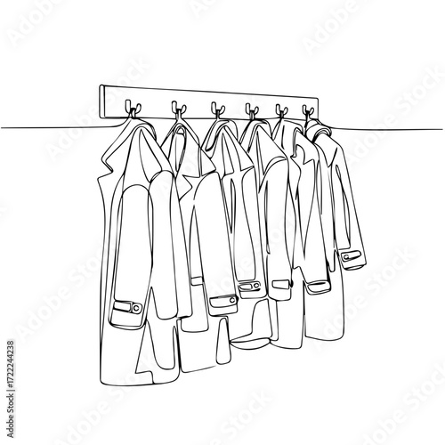 Line art of coats hanging on hooks in a minimalist style  