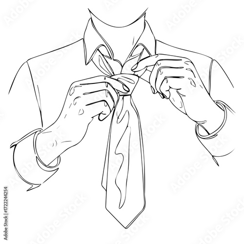 Man tying a tie with hands in a minimalist line art style  