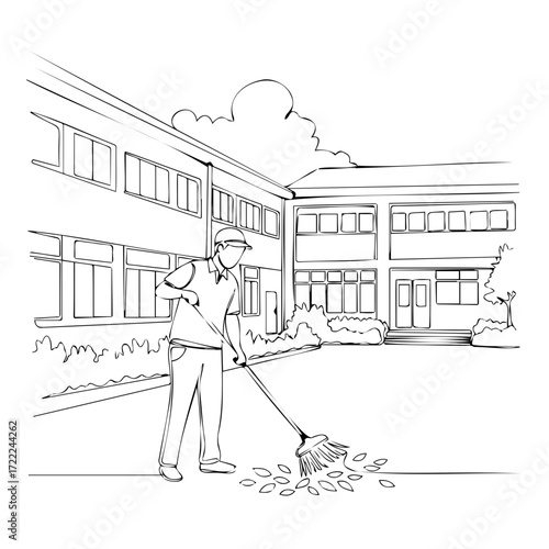 Man raking leaves in school courtyard during autumn season  
