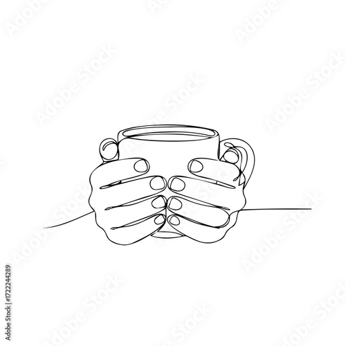 Two hands holding a coffee cup in minimalist line art style  