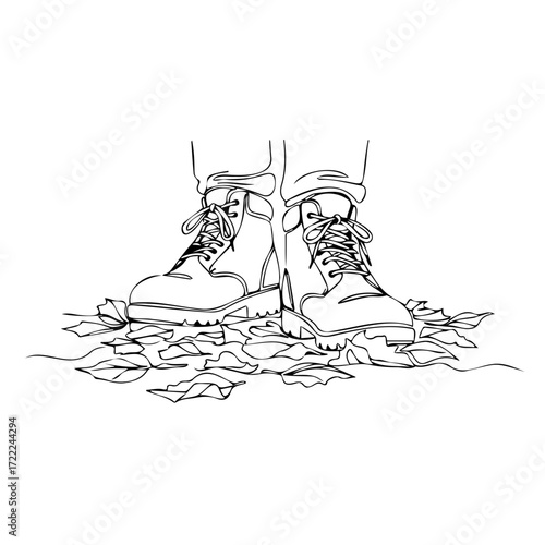 Hiking boots standing on autumn leaves in a nature setting  