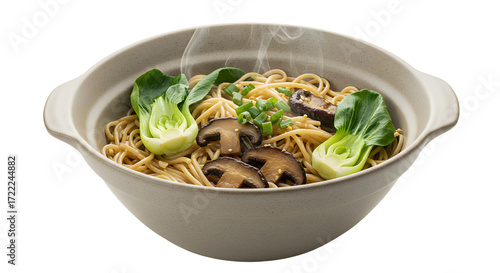 Steaming hot bowl of Asian ramen noodles with mushrooms and bok choy in ceramic bowl, perfect for cozy meals and healthy eating