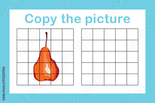 Copy the picture. Educational game for children. Cute pear. Drawing activity for kids. Colorful vector illustration.