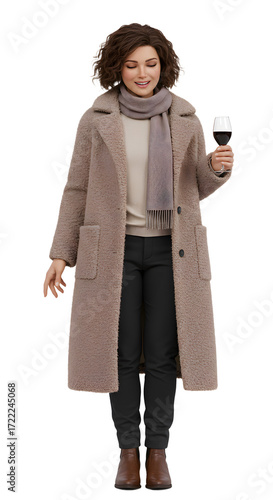 Woman in warm teddy coat and scarf holding a glass of red wine, casual autumn or winter fashion with cozy outfit and footwear