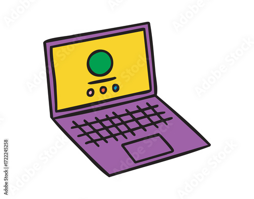 Open laptop, study and homework, colorful school doodle, hand drawn