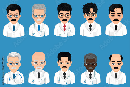 Set of portraits of middle-aged and elderly male doctors