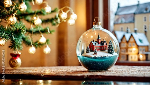 Capture the magic of the holidays with this charming snow globe featuring a festive winter village and a classic Christmas tree with warm glowing lights