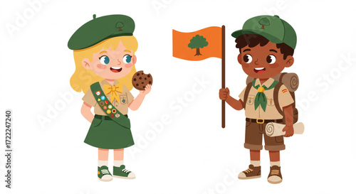 World Scout Day , the birthday of the Father of World Scouting Happy Girl Scout and Boy Scout Cartoon Characters