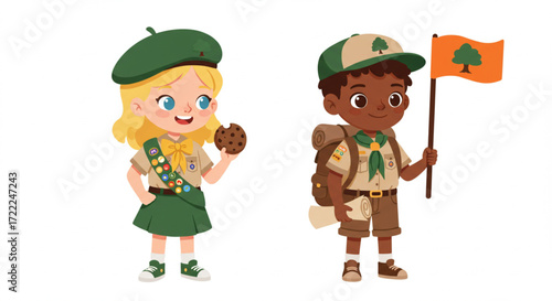 World Scout Day , the birthday of the Father of World Scouting scout uniforms, one holding a cookie and the other a flag, celebrating scouting adventures and outdoor activities