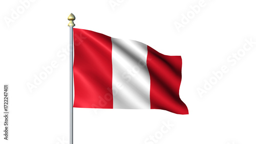 Waving Peru national flag on flagpole with transparent background