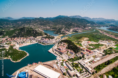PLOCE, CROATIA – June 16, 2019: Panoramic view of the coastal town, ferry port, church, and Adriatic waterfront on a bright summer day