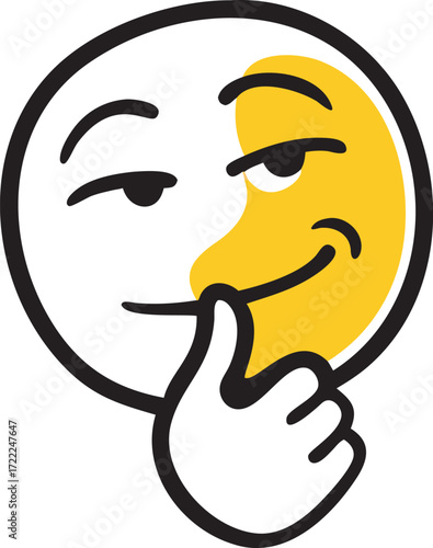 Mysterious smiley face icon gesturing silence with yellow half and shaded eye