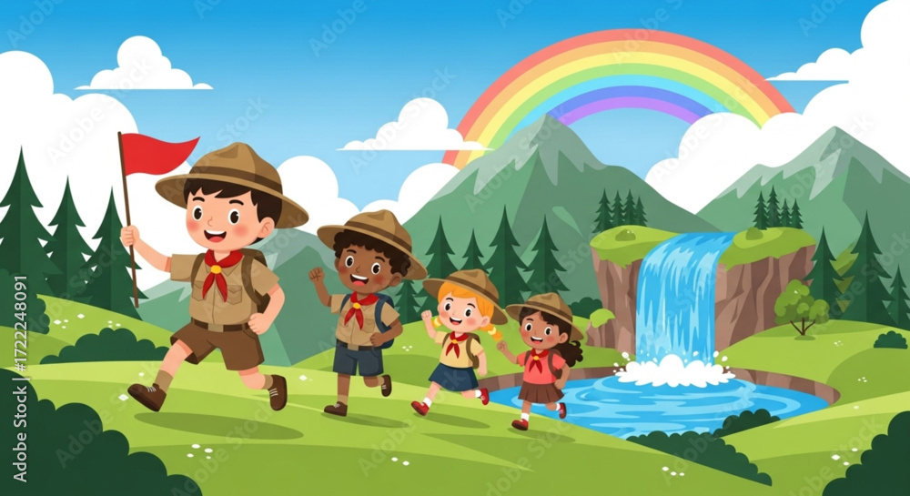 Obraz premium World Scout Day , the birthday of the Father of World Scouting scouting expedition, exploring a scenic mountain landscape with a waterfall and a vibrant rainbow