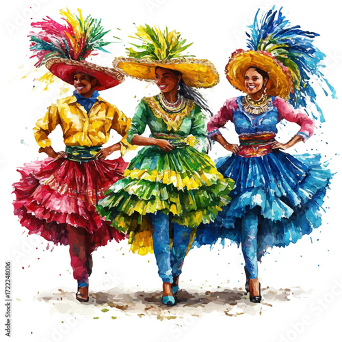 Colombian Cultural Parade, watercolor painting vector, isolated on a white background.