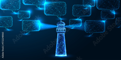 Digital lighthouse and glowing speech bubbles. AI guidance, clarity and smart communication vector