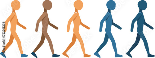 Diverse group of people walking in sync diverse skin tones silhouette representation
