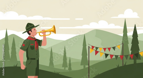 World Scout Day , the birthday of the Father of World Scouting Boy Scout blowing bugle with flags in a nature setting