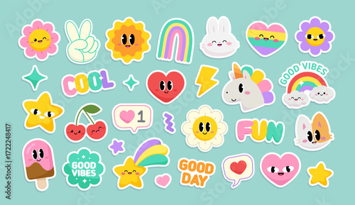 Cute Stickers with Pony Unicorn, funny Cat Unicorn (collection 3). Cool Y2k stickers set of cartoon signs and Kawaii emoticons for kids print and clothing design. Funny cartoon vector icons