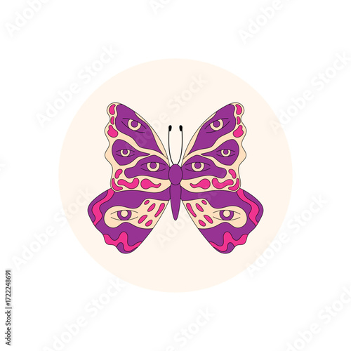 Groovy retro butterfly with colorful eye detail in a circle sticker. Psychedelic y2k graphic style defines this package seal, great for lid label and trendy product accent.