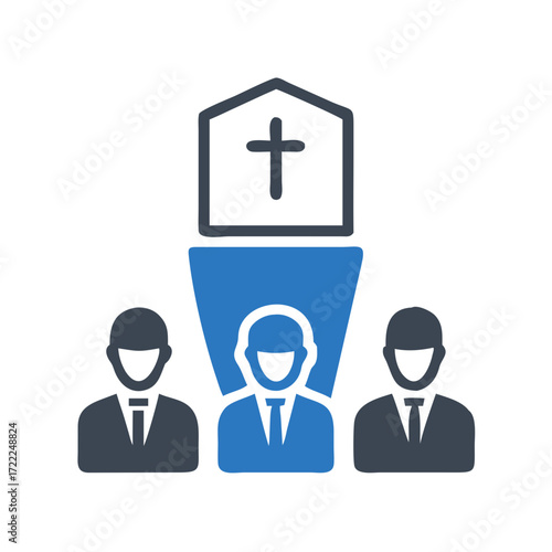 Funeral service icons with attendees and church symbol  