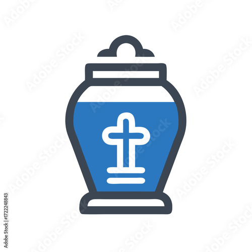 Funeral urn with cross symbol in modern design and blue color  