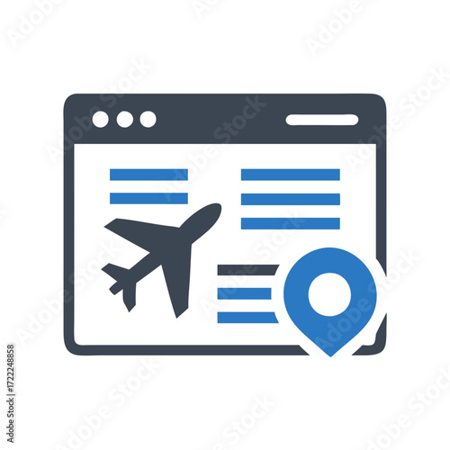 Travel website interface with airplane and location marker icon  