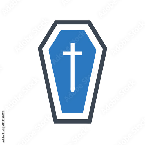 Simple blue coffin with cross illustration in minimalist style  