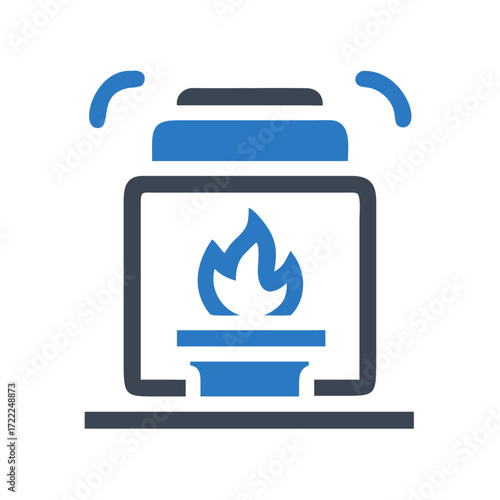 Cremation urn symbol with flame in blue and black design  