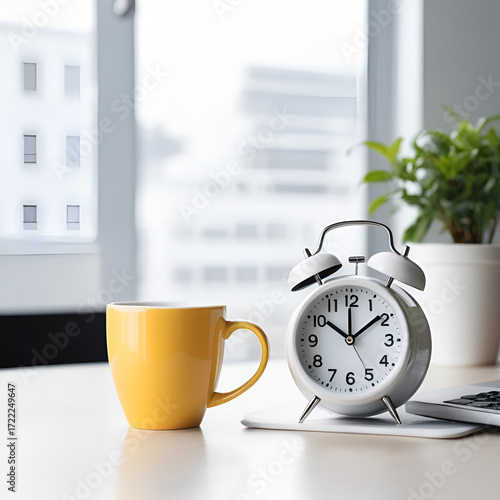 white analog clock at ten o'clock and blurred plastic hot coffee cup on desk for coffee break with copy space , refreshment or wake up concept