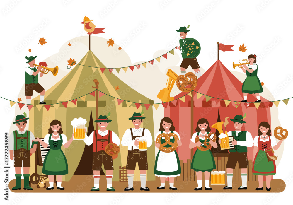 Obraz premium An Illustration of Oktoberfest Festival Celebration with Party and Music in Traditional Attire.