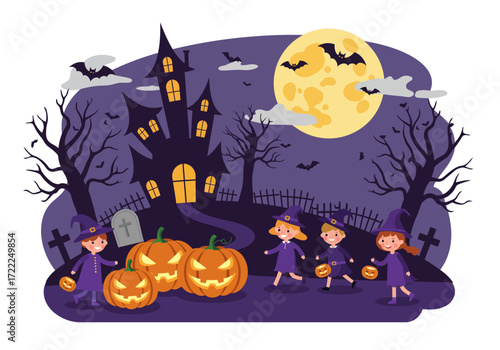 Children Dressed as Witches Celebrating Halloween