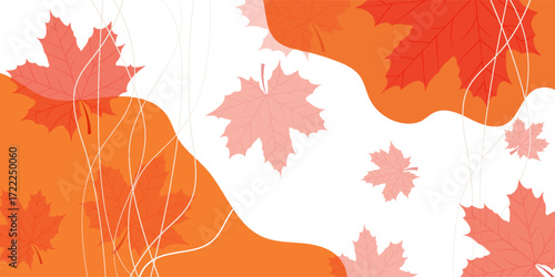 Autumn abstract colorful Background. Fall season and Thanksgiving theme. Editable vector templates with leaves and geometric pattern. Nature elements for poster, banner, cover, card, Sale, advertising