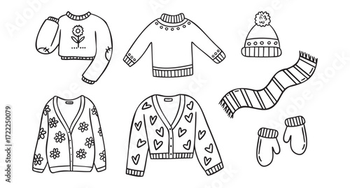 Cozy autumn doodle set of autumn clothing hat mittens scarf cardigans sweaters, line art monochrome hand drawn outline