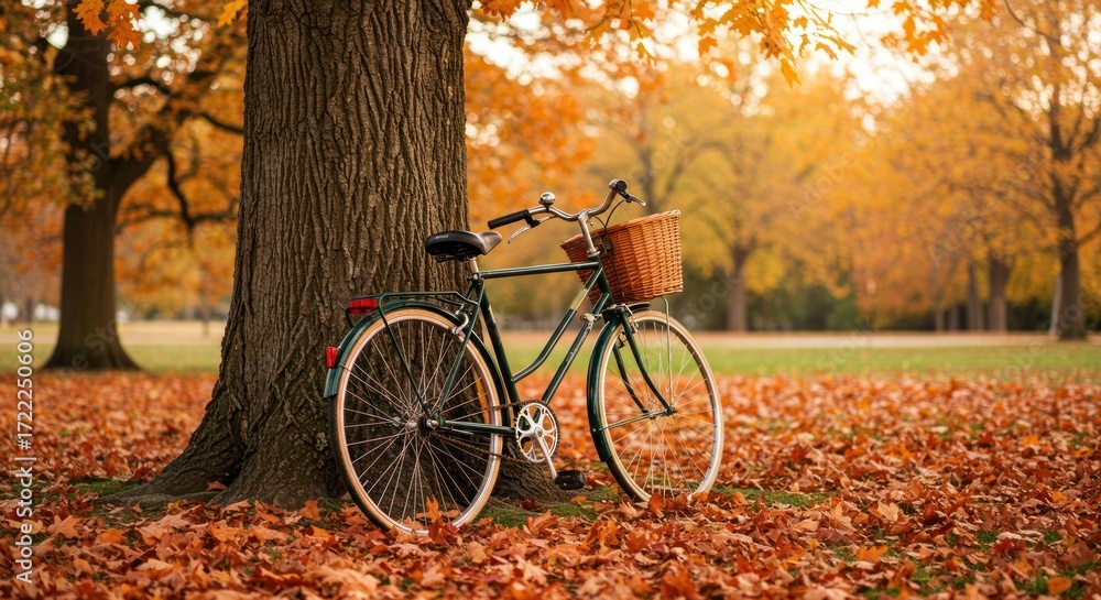 Obraz premium Bicycle rests against a tree trunk surrounded by fallen leaves in autumn.